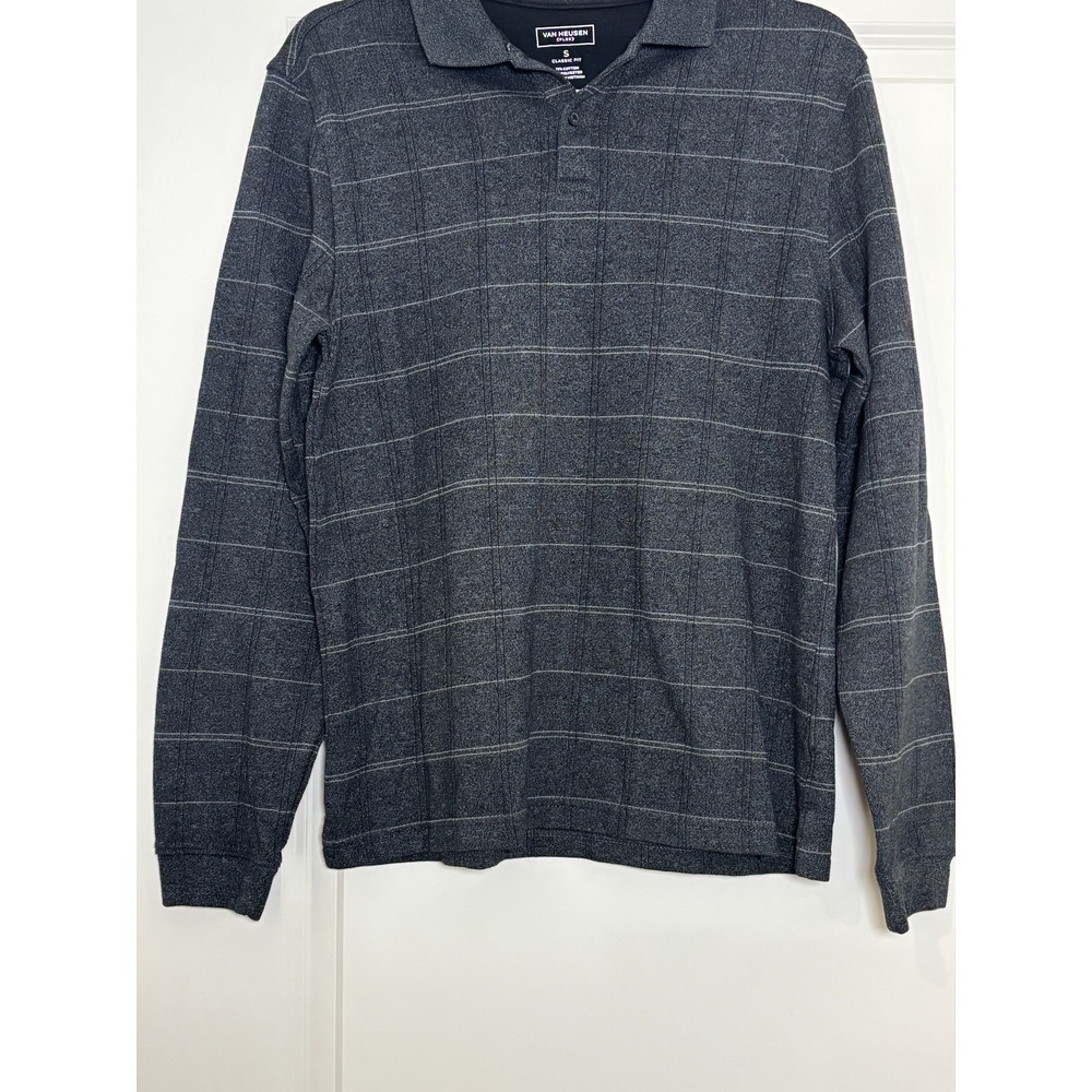Van Heusen Rugby Shirt Mens Small Black Gray Windowpane Plaid Cotton Classic Fit